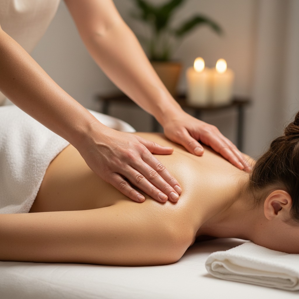 een ontspannen close up van een masseurs handen op de schouders van een persoon (liggend op massage tafel). het is een masseuse (vrouwelijk)